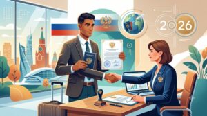 Современная иллюстрация процесса оформления доверенности в России для иностранных граждан в офисе нотариуса